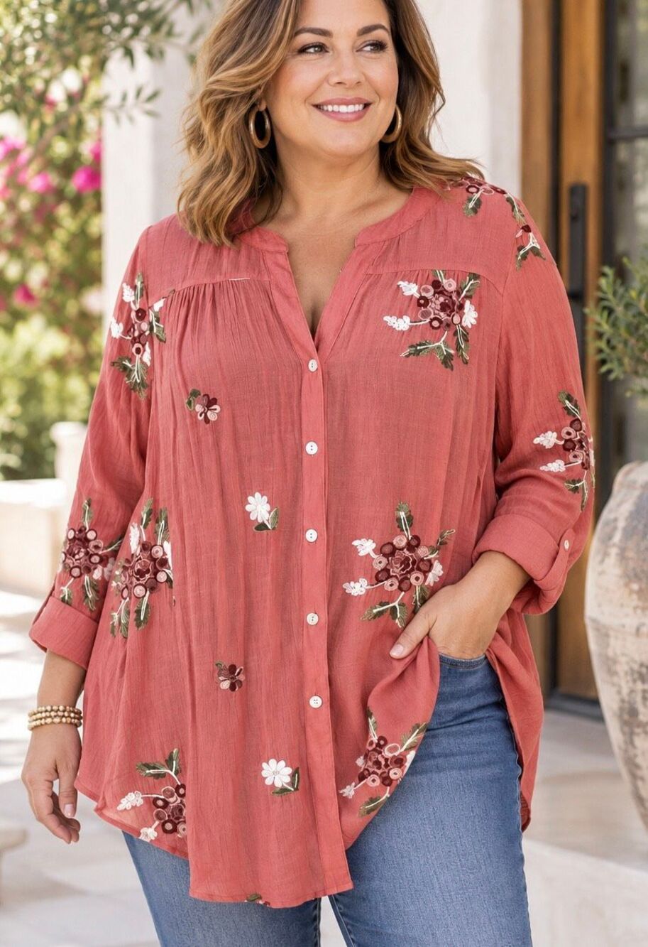 Fig and Flower 2X Embroidered Floral Boho Button Front Tunic Blouse Coral Top